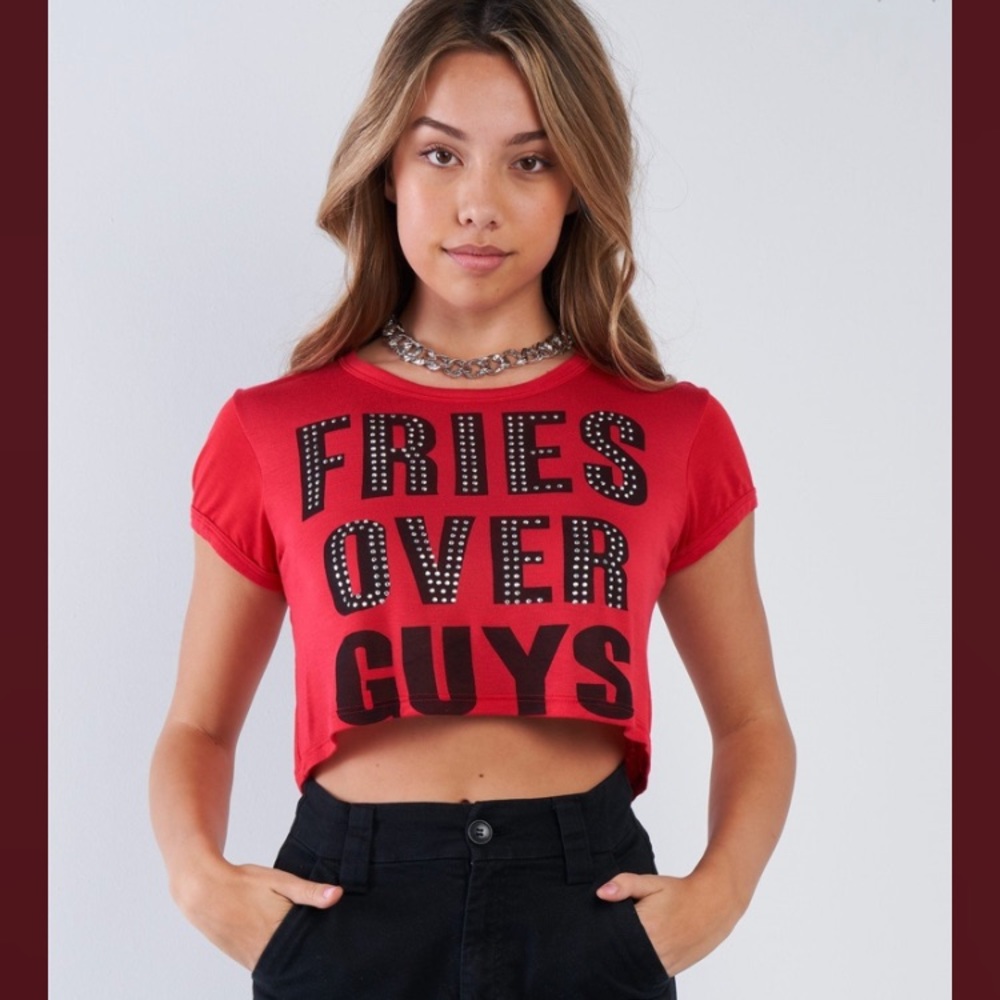 “Fries Over Guys" Graphic Studs Detail Crop Top